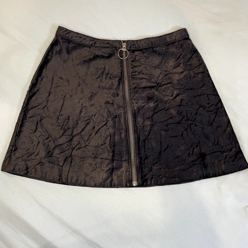 Free People Front Zip A-Line Mini Skirt Black Velvet Size 8